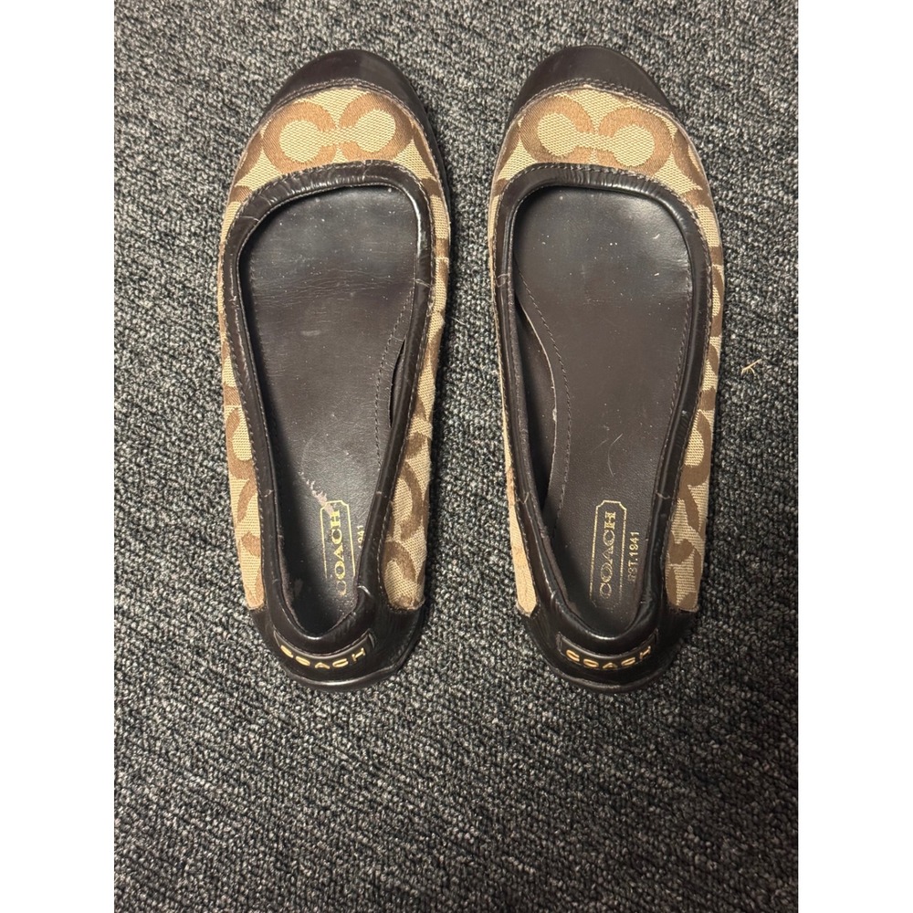 Coach Signature Monogram Ballet Flats Brown Tan Leather Trim Minimalist Chic 6B